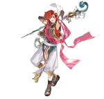  1boy absurdres armlet arms_behind_head arms_up black_shirt commentary_request detached_sleeves feather_hair_ornament feathers fire_emblem fire_emblem_heroes full_body gold_trim hair_between_eyes hair_ornament highres holding holding_staff jacket jewelry looking_at_viewer male_focus necklace official_alternate_costume official_art open_mouth pants puffy_pants red_eyes red_hair red_jacket sandals second-party_source shawl shirt simple_background sleeveless sleeveless_jacket smile snake solo staff standing sword taroji tooth_necklace weapon white_background white_pants xane_(fire_emblem) xane_(hatari)_(fire_emblem) 