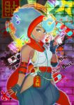  1girl afro bra bra_peek breasts capcom cleavage dark-skinned_female dark_skin elbow_pads fighting_game graffiti hip_vent kaisercrimson_1 kimberly_jackson kuji-in ninja official_alternate_costume official_alternate_hairstyle street_fighter street_fighter_6 underwear yellow_bra 