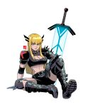  1girl armor black_gloves blonde_hair blue_eyes breasts cleavage cleavage_cutout clothing_cutout crop_top elbow_spikes gloves highres holding holding_sword holding_weapon huge_weapon long_hair looking_at_viewer magik_(x-men) marvel marvel_rivals midriff mie_kari navel short_shorts shorts solo spiked_pauldrons spikes superhero_costume sword weapon x-men 