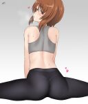  1girl artist_name ass bangs black_legwear blush breath brown_eyes brown_hair commentary daroon5 eyebrows_visible_through_hair from_behind girls_und_panzer gradient gradient_background grey_background grey_sports_bra half-closed_eyes heart highres leggings looking_at_viewer looking_back nishizumi_miho pants parted_lips see-through short_hair signature sitting solo split sports_bra sweat thong yoga_pants 