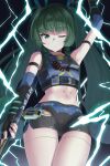 1girl android arm_up armlet armpits bare_shoulders black_choker black_gloves black_shorts blunt_bangs blush braid braided_sidelock choker closed_mouth elbow_gloves electricity fingerless_gloves gloves green_eyes green_hair hair_ribbon highres holding holster jewelry kakinotane_e long_hair looking_at_viewer navel one_eye_closed police police_badge police_uniform policewoman qingyi_(zenless_zone_zero) ribbon short_shorts shorts shoulder_holster side_braids sidelocks solo standing thighs three_section_staff twintails zenless_zone_zero 