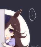  ... 1girl :t animal_ears bangs blue_headwear bow bowtie brown_hair chibi hat horse_ears horse_girl long_hair mae_(maesanpicture) peeking_out pout puffy_short_sleeves puffy_sleeves purple_eyes purple_shirt rice_shower_(umamusume) sailor_collar sailor_shirt school_uniform serafuku shirt short_sleeves solo spoken_ellipsis summer_uniform tilted_headwear tracen_school_uniform twitter_username umamusume very_long_hair white_sailor_collar 