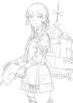  1girl adapted_turret blunt_sidelocks commentary_request freckles greyscale hair_bun hair_ribbon hairband kantai_collection lineart long_hair looking_at_viewer machinery military_uniform mogador_(kancolle) monochrome neckerchief pleated_skirt ribbon sidelocks skirt solo standing taruya 
