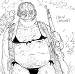  1boy bald bb_(baalbuddy) beard bikini bird bulge closed_mouth commentary crossdressing english_commentary english_text facial_hair greyscale gun headphones headset highres holding holding_gun holding_weapon male_focus metal_gear_(series) metal_gear_solid_3 microphone monochrome navel old old_man parody parrot rifle sniper_rifle solo swimsuit the_end wall-eyed weapon 