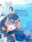  1girl absurdres arisaki_(cnxy7525) bird black_footwear black_hoodie blush brown_hair clownfish fish_hair_ornament hair_behind_ear hair_ornament highres hood hoodie manta_ray multicolored_hair nijisanji nijisanji_en open_mouth orange_hair penguin petra_gurin skirt smile solo streaked_hair swimming two-tone_hoodie underwater virtual_youtuber white_hoodie white_skirt 