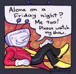  1boy alone_on_a_friday_night?_(meme) ant_tenna artist_name black_pants blush border crossed_legs crt deltarune english_text full_body furrowed_brow gloves grey_border grin hand_on_own_knee highres lying male_focus meme necktie object_head on_back outside_border pants pointy_nose shoes small_sweatdrop smile solo speech_bubble star_(symbol) tailcoat valdotpng white_gloves yellow_necktie yellow_shoes 