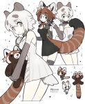  2girls :3 :d :o animal animal_ears animal_hug artist_name bamboo_print black_dress black_eyes black_thighhighs breasts brown_dress brown_hair brown_ribbon check_copyright chibi cleavage closed_mouth collar commentary copyright_request cowboy_shot dot_nose double-parted_bangs dress elbow_gloves english_commentary gloves grey_collar grey_eyes grey_gloves grey_hair grey_shoes grey_sleeves hair_between_eyes hand_on_own_face heart highres holding holding_animal light_blush long_sleeves medium_breasts multicolored_dress multicolored_hair multiple_girls multiple_views neck_ribbon notice_lines open_mouth original panda_ears panda_girl panda_tail pleated_dress red_panda red_panda_ears red_panda_girl red_panda_tail ribbon shoes short_hair simple_background sleeveless sleeveless_dress sleeves_past_wrists smile solid_circle_eyes star_(symbol) taonoinu thighhighs white_background white_chemise white_hair yin_yang yin_yang_print zettai_ryouiki 