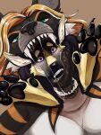 anthro black_body black_fur black_nose black_pawpads black_tongue bodily_fluids brown_background canid canine duo fangs female front_view fur green_eyes hair hi_res imperatorcaesar in_mouth long_hair looking_at_viewer male mammal markings oral_vore orange_hair orange_markings pawpads purple_eyes saliva saliva_string same_size_vore simple_background teeth tongue vore white_body white_fur yellow_body yellow_fur