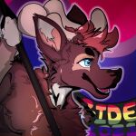 anthro antlers bisexual_pride_colors blue_eyes brown_body brown_fur bust_portrait clothing deer digital_media_(artwork) english_text flag flag_(object) fur hair hi_res holding_object horn leash leash_pull lgbt_pride male mammal new_world_deer open_mouth portrait pride_color_background pride_color_flag pride_colors rainbow_pride_colors simple_background six-stripe_rainbow_pride_colors smile solo text zav zaverose