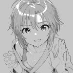  1girl collarbone dougi greyscale highres hues_sunk idolmaster idolmaster_(classic) kikuchi_makoto looking_at_viewer monochrome open_mouth short_hair smile solo sports_bra sweat upper_body very_sweaty 