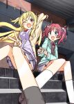  2girls :d ;d ahoge aqua_hoodie arihara_nanami arm_behind_head blonde_hair blue_eyes blush bow bowtie breasts brown_vest cardigan commentary convenient_leg day feet_out_of_frame floating_hair foreshortening four-finger_heart_hands from_below grey_skirt hair_between_eyes hair_bow hair_ornament happy heart heart_hands highres hood hood_down hoodie jacket kikka_academy_school_uniform kneehighs large_breasts lens_flare long_hair long_sleeves looking_at_another looking_at_viewer medium_hair mibu_chisaki miniskirt multiple_girls nzuwaiganin one_eye_closed open_clothes open_hoodie open_jacket open_mouth outdoors plaid_clothes plaid_skirt pleated_skirt pom_pom_(clothes) pom_pom_hair_ornament purple_cardigan red_bow red_bowtie red_eyes red_hair riddle_joker school_uniform sitting sitting_on_stairs skirt smile socks stairs twintails two_side_up v vest white_socks wide-eyed x_hair_ornament yellow_bow yellow_jacket 