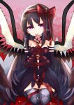  1girl abstract_background akemi_homura akuma_homura alternate_costume argyle argyle_legwear artist_name bangs black_dress black_gloves black_hair black_legwear bound bound_wrists bow branch breasts cat cherry_blossoms choker commentary_request dress elbow_gloves feathered_wings floral_background flower gloves hair_between_eyes hair_bow hair_ornament hair_ribbon half-closed_eyes hands_together highres holding holding_branch holding_flower kneeling long_hair looking_at_viewer mahou_shoujo_madoka_magica mahou_shoujo_madoka_magica_movie medium_breasts petals plunging_neckline purple_eyes red_background red_bow ribbon smile solo spider_lily strapless strapless_dress teruna_(artist) thighhighs tied_up very_long_hair wings 