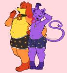 absurd_res anthro belly black_sclera bulge butt butt_from_the_front canid canine canis catnap_(poppy_playtime) clothed clothing collar dogday_(poppy_playtime) domestic_cat domestic_dog duo eyes_closed fangs felid feline felis gnarpington hand_on_hip hi_res jewelry long_tail male male/male mammal married_couple mob_entertainment navel necklace one_eye_closed open_mouth orange_body overweight overweight_male poppy_playtime purple_body ring romantic romantic_couple simple_background size_difference smiling_critters stretching tail teeth thick_thighs tired underwear underwear_only yawn
