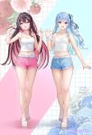  2girls :d absurdres alternate_costume azki_(hololive) bare_arms bare_legs black_hair blue_eyes blue_hair blue_nails bow bow_earrings breasts camisole cleavage collarbone colored_inner_hair crop_top dolphin_shorts double-parted_bangs drawstring duplicate earrings feet full_body hair_between_eyes hair_intakes hair_ornament hair_ribbon hairclip hand_up hands_up highres holding holding_own_hair hololive hoshimachi_suisei jewelry knees legs long_hair looking_at_viewer loungewear medium_breasts midriff mole mole_under_eye multicolored_hair multiple_girls nail_polish navel one_side_up open_hand pink_hair pink_nails pink_shorts purple_eyes ribbon sandals short_shorts shorts sidelocks small_breasts smile star_(symbol) star_in_eye stomach streaked_hair symbol_in_eye thighs toenail_polish toenails toes very_long_hair virtual_youtuber wajuniorbox waving wavy_hair white_camisole white_hair 
