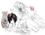  1girl alternate_costume bird_wings black_hair blush breasts feathered_wings glass gourd hat highres large_breasts leaf_print looking_at_viewer panties partially_undressed red_hat red_panties sesmkun shameimaru_aya short_hair smile solo tengu tokin_hat touhou underwear water wet wet_clothes white_wings wings 
