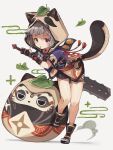  1girl animal_ears animal_hood bent_over deitaku fake_animal_ears fake_tail full_body genshin_impact highres holding holding_weapon hood japanese_clothes leaf leaf_on_head muji-muji_daruma_(genshin_impact) ninja parted_lips purple_eyes raccoon_ears raccoon_tail sayu_(genshin_impact) silver_hair solo standing statue tail weapon white_background 