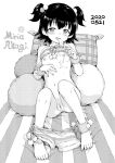  1girl akagi_miria anus blush breasts clothes_lift commentary_request dripping eating food greyscale hamao highres idolmaster idolmaster_cinderella_girls knees_up looking_at_viewer monochrome navel nipples on_bed pillow popsicle pussy short_hair shorts shorts_around_one_leg sitting small_breasts solo two_side_up 