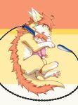 ambiguous_feral ambiguous_gender blue_collar collar dragon feral fur furred_dragon furred_scalie hi_res holding_object holding_plushie kutto kuttoyaki mane multicolored_eyes mythological_creature mythological_scalie mythology orange_eyes orange_mane orange_pawpads pawpads plushie scalie semi-anthro side_view simple_background solo two_tone_eyes white_body white_fur yellow_body yellow_eyes yellow_fur
