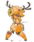  1girl animal_ears animal_hands antlers artist_name bandaged_arm bandaged_horn bandages bandaid bleeding blood blood_drip blood_on_bandages blood_on_face bone chest_sarashi claws dark-skinned_female dark_skin deep_wound deer_antlers deer_ears deer_girl deer_tail exposed_bone full_body highres horns injury legs_apart long_hair mask navel orange_fur original panties personification pointy_ears road_sign roadkill sarashi sign simple_background solo standing tail torori_toro_(oimo_kenpi) twitter_username underwear white_background white_panties 