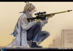  1girl arknights black_pants black_shoes blonde_hair blue_hair coat commentary dragon_girl eastern_dragon_horns eastern_dragon_tail from_side grey_eyes grey_hair gun highres holding holding_gun holding_weapon long_hair mourningrain_sr multicolored_hair pants pointy_ears rifle scope shoes shu_(arknights) sniper_rifle solo squatting twitter_username weapon weapon_request white_coat 