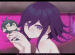  1boy bandaged_fingers bandages character_doll danganronpa_(series) danganronpa_v3:_killing_harmony doll english_text from_side grin hair_between_eyes holding holding_doll inukai_(inuuowoukai) oma_kokichi pink_background pink_eyes portrait purple_hair saihara_shuichi smile solo teeth 