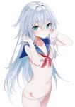  1girl bikini blue_eyes blue_sailor_collar closed_mouth commentary_request detached_collar fathom grey_hair hair_between_eyes hibiki_(kancolle) highres kantai_collection long_hair looking_at_viewer navel neckerchief red_neckerchief sailor_collar simple_background solo stomach swimsuit very_long_hair white_background white_bikini 