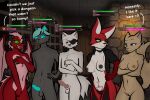 animal_genitalia anthro antlers areola aroused at&#039;harka_(jackwolf) big_ears blue_eyes blue_hair breasts canid canine canis clothed clothing complaining covering covering_breasts covering_crotch crossed_arms dialogue dragon dungeon elodrea_(jackwolf) english_text erection exposed_breasts eye_patch eyewear felid feline_genitalia female fenrir_(jackwolf) flustered_female gameplay_mechanics genitals green_eyes grey_body group gui hair half-erect hand_on_hip health_bar hi_res horn jack_(jackwolf) jackalope jacket jasper_(jackwolf) knot knotted_penis lagomorph male mammal mythological_creature mythological_scalie mythology nude open_clothing open_topwear pantherine panties penis red_body scalie smug status_effect tattoo text topwear underwear white_body wolf womb_tattoo yaboyfoz!