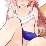  1girl bare_shoulders blue_skirt blush breasts cameltoe clothes_lift commentary_request fang fate/extra fate_(series) feet_out_of_frame fox_tail haryuu_(poetto) head_out_of_frame highres knee_up long_hair nipples nose_blush open_mouth panties pink_hair pleated_skirt saliva shirt_lift simple_background skirt skirt_lift small_breasts solo tail tamamo_(fate) tamamo_no_mae_(fate/extra) tank_top trembling underwear very_long_hair wavy_mouth white_background white_panties white_tank_top 