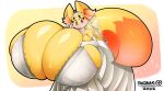2025 anthro anthrofied big_breasts big_tail blush breasts clothing eyelashes female fennekin fur generation_6_pokemon hand_on_breast hi_res huge_breasts hyper hyper_breasts inner_ear_fluff niki_(dofunut) nintendo pokemon pokemon_(species) simple_background smile tail thiccbuns thick_thighs tuft white_clothing yellow_body yellow_fur