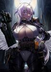  1girl absurdres armor asymmetrical_gloves belt belt_pouch black_belt black_gloves black_pantyhose black_shrug blue_eyes breasts bullpup closed_mouth colored_eyelashes commission gloves gun highres holding holding_gun holding_weapon holstered large_breasts leotard liora_walkyria long_hair mismatched_gloves p90 pantyhose pauldrons pouch second-party_source shoulder_armor shrug_(clothing) single_pauldron solo submachine_gun trigger_discipline v&amp;u_entertainment virtual_youtuber vyragami weapon white_gloves white_hair white_leotard 
