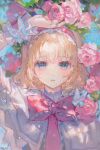  1girl alice_margatroid bad_source blonde_hair blue_eyes bow bug butterfly capelet flower frilled_hairband frills hairband highres lolita_hairband looking_at_viewer lying maccha_(mochancc) nail_polish necktie on_back parted_lips pink_flower pink_hairband pink_nails pink_rose red_bow rose shirt short_hair short_sleeves solo touhou upper_body 