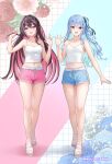  2girls :d absurdres alternate_costume azki_(hololive) bare_arms bare_legs black_hair blue_eyes blue_hair blue_nails bow bow_earrings breasts camisole cleavage collarbone colored_inner_hair crop_top dolphin_shorts double-parted_bangs drawstring earrings feet full_body hair_between_eyes hair_intakes hair_ornament hair_ribbon hairclip hand_up hands_up highres holding holding_own_hair hololive hoshimachi_suisei jewelry knees legs long_hair looking_at_viewer loungewear medium_breasts midriff mole mole_under_eye multicolored_hair multiple_girls nail_polish navel one_side_up open_hand pink_hair pink_nails pink_shorts purple_eyes revision ribbon sandals short_shorts shorts sidelocks small_breasts smile star_(symbol) star_in_eye stomach streaked_hair symbol_in_eye thighs toenail_polish toenails toes very_long_hair virtual_youtuber wajuniorbox waving wavy_hair white_camisole white_hair 