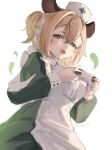  1girl animal_ears apron brown_hair controller dress game_controller green_dress green_eyes hair_ribbon hat highres holding holding_controller holding_game_controller indie_virtual_youtuber long_sleeves naplings_(nimi_nightmare) nimi_nightmare nurse_cap open_mouth ribbon sobbi11 solo tapir_ears tapir_girl twitter_username virtual_youtuber white_apron white_background white_hat white_ribbon 