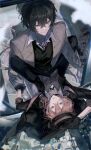  2boys absurdres against_window bandaged_arm bandaged_neck bandages bird black_choker black_gloves black_hair black_hat black_jacket black_necktie black_pants black_vest blood blood_on_ground blue_eyes blurry blurry_foreground brooch brown_jacket bungou_stray_dogs chinese_commentary choker cigarette cityscape closed_mouth collared_shirt dazai_osamu_(bungou_stray_dogs) depth_of_field from_above gloves grey_vest hair_between_eyes hand_on_another&#039;s_arm hand_on_headwear hat highres jacket jacket_on_shoulders jewelry long_hair long_sleeves looking_at_another male_focus mouth_hold multiple_boys nakahara_chuuya_(bungou_stray_dogs) necktie open_clothes open_jacket orange_hair pants parted_lips photo_(object) red_eyes sakura-zero shirt short_hair smile smoke smoking spread_legs strap twitter_username vest white_bird white_shirt yaoi 