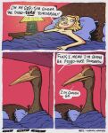 after_sex azhdarchid beak bed bedroom blonde_hair brown_body brown_feathers brown_scales duo english_text feathers female feral furniture green_eyes hair head_crest hi_res human humor inside insult interspecies lamp long_hair male male/female mammal neil_kohney nude oops open_mouth pillow prehistoric_species pterosaur pun quetzalcoatlus reptile scales scalie smile speech_bubble text the_other_end under_covers