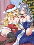  2girls absurdres antlers ass bell black_thighhighs blonde_hair blue_dress blush breast_press breasts christmas christmas_tree cleavage dark_magician_girl detached_sleeves dress duel_monster green_eyes grey_hair hair_between_eyes hat highres hip_vent holding_hands horns indoors long_hair looking_at_viewer microdress misakura_aoi multiple_girls nail_polish neck_bell purple_eyes red_dress red_hat red_ribbon reindeer_antlers ribbon santa_costume santa_dress santa_hat silent_magician sitting thighhighs yu-gi-oh! 