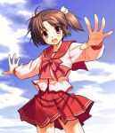  1girl :d blue_sky bow bowtie brown_hair commentary cowboy_shot day floating_hair hair_bow long_sleeves looking_at_viewer open_mouth outdoors outstretched_arms pleated_skirt red_bow red_bowtie red_eyes red_sailor_collar red_skirt sailor_collar school_uniform serafuku shirt short_hair skirt sky smile solo spread_arms tareme to_heart_(series) to_heart_2 twintails white_bow white_shirt yuuki_keisuke yuzuhara_konomi 