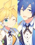  2boys aqua_eyes blonde_hair blue_eyes blue_hair clover column_lineup commentary formal headphones headset jacket kagamine_len kaito_(vocaloid) looking_at_viewer male_focus multiple_boys one_eye_closed open_mouth shirt sinaooo smile spiked_hair suit symbol-only_commentary upper_body vest vocaloid white_jacket white_shirt white_suit white_vest 