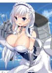  1girl :d arm_support azur_lane bangs belfast_(azur_lane) bent_over blue_eyes blue_sky blurry breasts cleavage cloud cloudy_sky collarbone commentary craytm depth_of_field elbow_gloves english_commentary eyebrows_visible_through_hair eyes_visible_through_hair gauntlets gloves highres horizon large_breasts long_hair looking_at_viewer machinery maid maid_headdress ocean open_mouth sidelocks silver_hair sky smile solo turret 