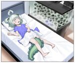  1girl agemmata ahoge barefoot bed bubble_hair_ornament colored_skin colored_tongue constricted_pupils fang fish_tank flat_chest frog_egg frog_girl green_hair green_skin green_tongue highres hospital_bed hospital_gown huge_ahoge indie_virtual_youtuber lying medium_hair on_back open_mouth pillow rebbi_rompin red_eyes self-upload shaking short_twintails skin_fang spiral_cheeks sweat tadpole tadpole_tail thick_eyebrows towel traumatized twintails virtual_youtuber water_filter 