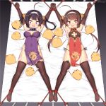  2girls =_= @_@ ahoge animal armpits arms_up artist_name asymmetrical_legwear azur_lane bangs bare_shoulders bdsm bird black_eyes black_gloves black_hair black_legwear black_panties blush blush_stickers bondage bound bound_ankles bound_wrists breasts breasts_apart brown_hair brush china_dress chinese_clothes chinese_commentary cleavage_cutout closed_eyes clothing_cutout collar commentary_request covered_navel dragon_print dress elbow_gloves eyebrows_visible_through_hair fang feathers from_above full_body gloves hair_ornament hair_rings hairband half-closed_eyes holding holding_brush holding_feather holding_hands huoji_(wonderturkey) interlocked_fingers long_hair looking_to_the_side lying manjuu_(azur_lane) medium_breasts mismatched_legwear mixed-language_commentary multiple_girls ning_hai_(azur_lane) nose_blush o-ring o-ring_bottom o-ring_panties on_back on_bed open_mouth outstretched_arms panties pelvic_curtain ping_hai_(azur_lane) purple_dress purple_eyes raised_eyebrows red_dress red_eyes rope see-through shiny shiny_hair side-tie_panties side_slit sidelocks signature skin_fang skindentation sleeveless sleeveless_dress small_breasts spread_legs string_panties symmetry tears thighhighs tied_hair twintails underwear white_background white_hairband white_panties wide-eyed 