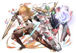  1boy 1other absurdres aether_(genshin_impact) armor bimmy blonde_hair braid brown_pants crop_top crossover energy_gun genshin_impact gloves gundam hair_between_eyes highres holding holding_sword holding_weapon long_hair male_focus mecha mobile_suit nt-d pants robot shoulder_armor sword unicorn_gundam weapon white_background yellow_eyes 