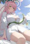  1girl absurdres ahoge arm_support bikini blue_archive blue_sky blush bow braid breasts cleavage closed_mouth commentary_request cup drinking_glass green_eyes hair_bow hair_intakes halo hanako_(blue_archive) hanako_(swimsuit)_(blue_archive) highres holding holding_hose hose k_cyp large_breasts long_hair long_sleeves looking_at_viewer official_alternate_costume partially_unbuttoned pink_bikini pink_hair pink_halo shirt single_braid sitting sky smile solo swimsuit thighs white_bow white_shirt 