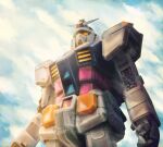  3d absurdres adrianocadau cloud cloudy_sky damaged dirty earth_federation english_commentary fog glowing glowing_eyes gun gundam highres light light_rays machine_gun machinery mecha mobile_suit mobile_suit_gundam no_humans realistic rx-78-2 science_fiction shiny sky solo upper_body weapon 
