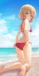  1girl adjusting_clothes adjusting_swimsuit ass back barefoot beach bikini blonde_hair blue_eyes blue_sky blush breasts butt_crack commentary day from_behind hair_between_eyes highres hiroki_(yyqw7151) kanojo_okarishimasu kneeling looking_at_viewer looking_back nanami_mami ocean open_mouth outdoors red_bikini sand short_hair sky soles solo star_(symbol) star_print swimsuit thighs water 