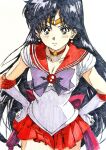  1girl absurdres back_bow bishoujo_senshi_sailor_moon black_eyes black_hair bow bowtie breasts choker circlet cleavage collarbone earrings elbow_gloves gloves hands_on_own_hips hatching_(texture) highres hino_rei i4teruz inner_senshi jewelry long_hair looking_at_viewer magical_girl miniskirt pleated_skirt purple_bow purple_bowtie red_choker red_sailor_collar red_skirt sailor_collar sailor_mars sailor_senshi sailor_senshi_uniform sketch skirt solo star_(symbol) star_choker star_earrings white_gloves 