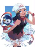  1girl :d bangs beanie black_legwear black_shirt blue_background blue_eyes blue_hair breasts commentary_request dawn_(pokemon) gen_4_pokemon hair_ornament hairclip hand_up hat holding holding_poke_ball long_hair looking_at_viewer open_mouth orr_(kkkkbbbbc) over-kneehighs pink_skirt piplup poke_ball pokemon pokemon_(anime) pokemon_(creature) pokemon_dppt_(anime) red_scarf scarf shirt skirt sleeveless sleeveless_shirt small_breasts smile solo thighhighs upper_teeth water white_background white_headwear 