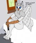 4_fingers 4_toes absurd_res anthro avian beak bed bird blue_eyes breasts brush digitigrade feet female fingers fur furniture grey_body grey_fur gryphon hi_res horn hybrid looking_at_viewer mythological_avian mythological_creature mythology on_bed owl quake-1 sigrid_(m4rsh4l_legacy) sitting sitting_on_bed solo tail text toes window window_sill wings