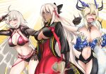  3girls :q absurdres ahoge animal_skull armor artoria_pendragon_(fate) artoria_pendragon_(lancer_alter)_(fate) baconegg23 bikini black_bikini black_bow black_choker black_coat black_gloves blush bow braid breasts chikuwa choker chopsticks cleavage cleavage_cutout closed_eyes clothing_cutout coat cropped_jacket crying crying_with_eyes_open daikon dark-skinned_female dark_skin drooling fate/grand_order fate_(series) fish_cake food french_braid gloves hair_bow high_collar highres horn_piercing jeanne_d&#039;arc_(alter)_(fate) jeanne_d&#039;arc_(alter_swimsuit_berserker)_(fate) jeanne_d&#039;arc_(fate)_(all) katana konnyaku_(food) long_hair multiple_girls multiple_swords o-ring o-ring_bikini o-ring_bottom o-ring_top oden okita_souji_(alter)_(fate) okita_souji_(fate)_(all) ox-demon_king ox_horns revealing_clothes shrug_(clothing) silver_hair streaming_tears swimsuit sword tears tied_hair tongue tongue_out very_long_hair weapon white_eyes white_hair yellow_eyes 