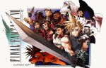  3girls aerith_gainsborough armor barret_wallace black_eyes black_hair black_wings blonde_hair blue_eyes brown_eyes brown_hair buster_sword cait_sith_(final_fantasy) capsule_(capsulecomputrz) cid_highwind closed_eyes crown dark-skinned_male dark_skin earrings english_text facial_hair final_fantasy final_fantasy_vii fingerless_gloves gloves green_eyes gun happy headband highres holding holding_gun holding_sword holding_weapon jewelry long_hair mog multiple_boys multiple_girls open_mouth parody pauldrons red_xiii reeve_tuesti sephiroth short_hair shoulder_armor single_wing sleeveless sleeveless_turtleneck smile spiked_hair style_parody sword tank_top tattoo tifa_lockhart turtleneck tuxedo_cat unlit_cigarette_in_mouth vincent_valentine weapon wings yuffie_kisaragi 